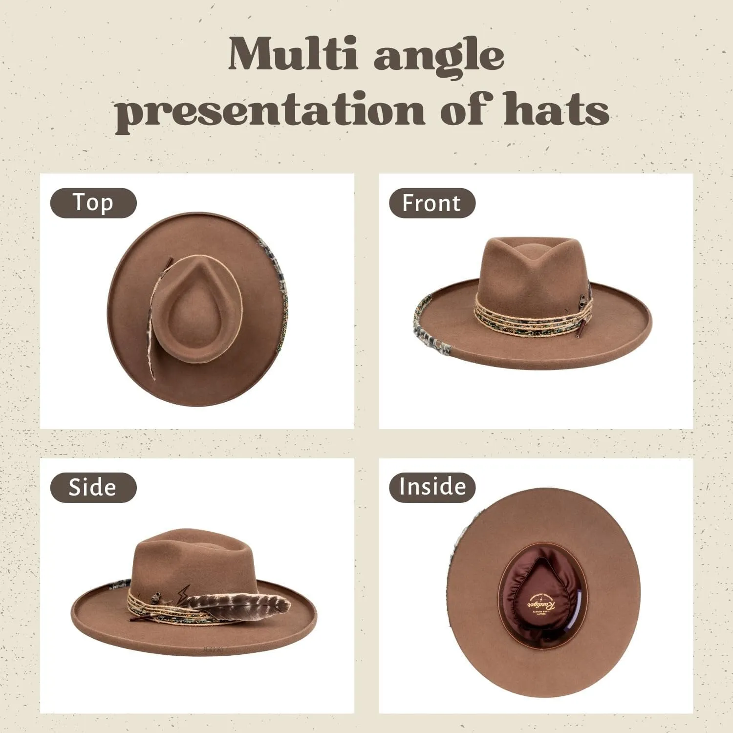 Vintage Wide Brim Fedora Hats for Mens Women 100% Wool Felt Panama Rancher Hat with Lightning Logo Distressed/Burned