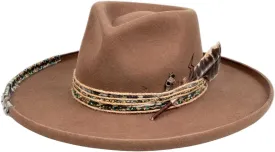 Vintage Wide Brim Fedora Hats for Mens Women 100% Wool Felt Panama Rancher Hat with Lightning Logo Distressed/Burned