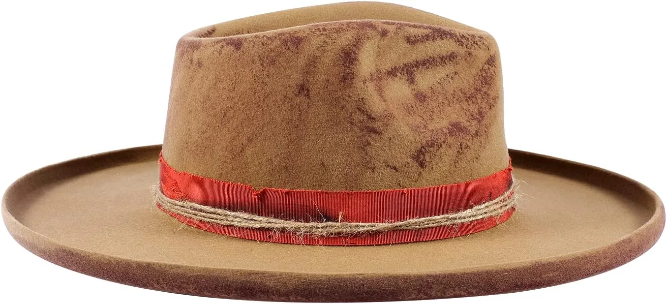 Vintage Wide Brim Fedora Hats for Mens Women 100% Wool Felt Panama Rancher Hat with Lightning Logo Distressed/Burned