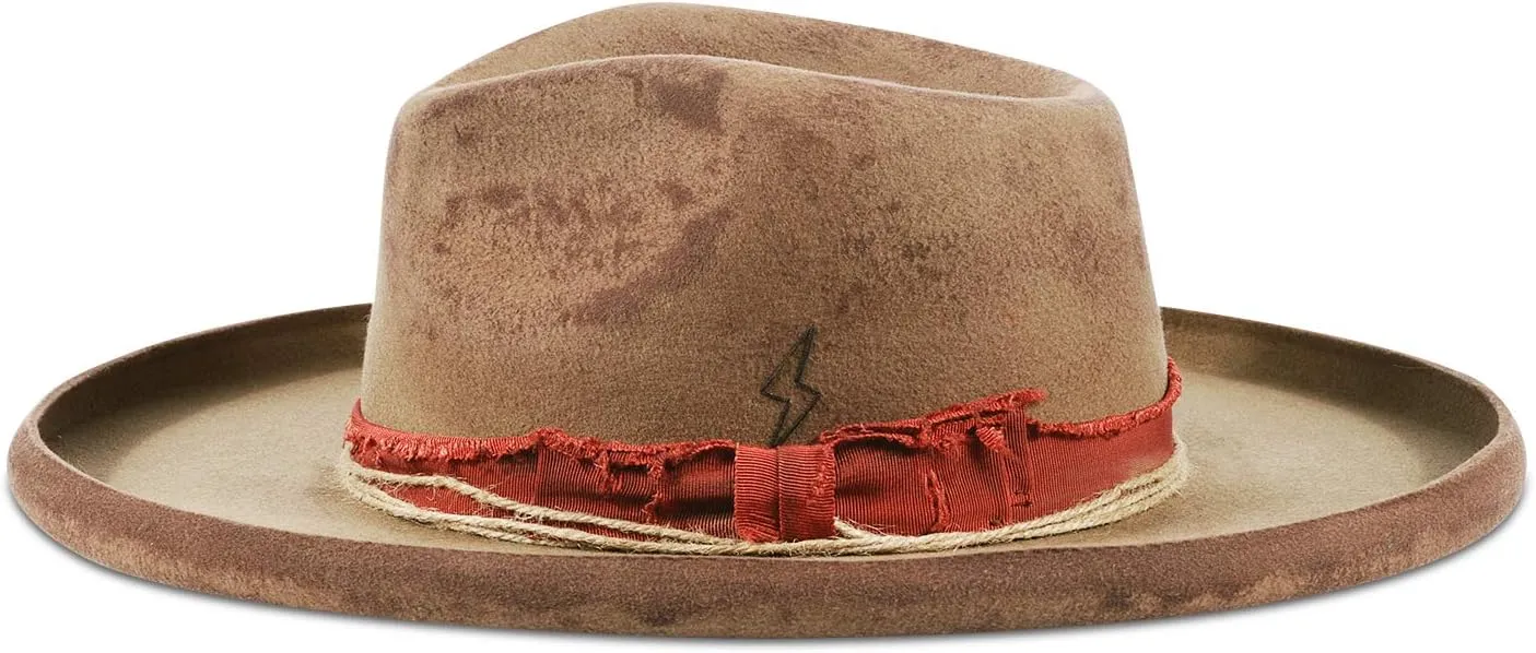 Vintage Wide Brim Fedora Hats for Mens Women 100% Wool Felt Panama Rancher Hat with Lightning Logo Distressed/Burned