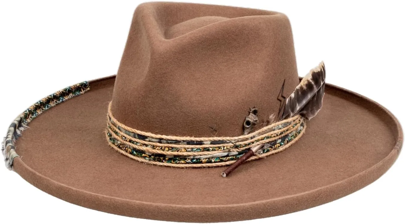 Vintage Wide Brim Fedora Hats for Mens Women 100% Wool Felt Panama Rancher Hat with Lightning Logo Distressed/Burned