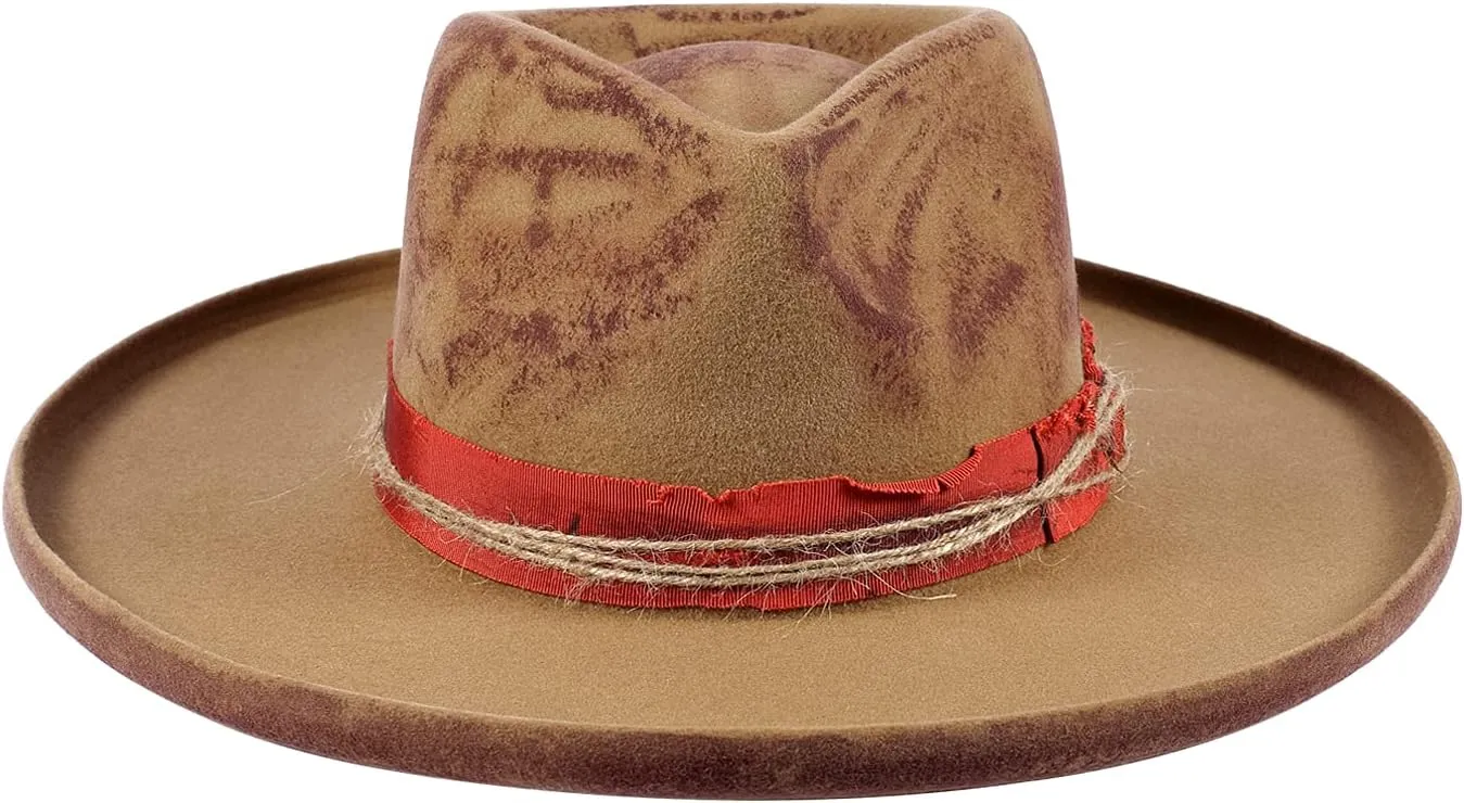 Vintage Wide Brim Fedora Hats for Mens Women 100% Wool Felt Panama Rancher Hat with Lightning Logo Distressed/Burned