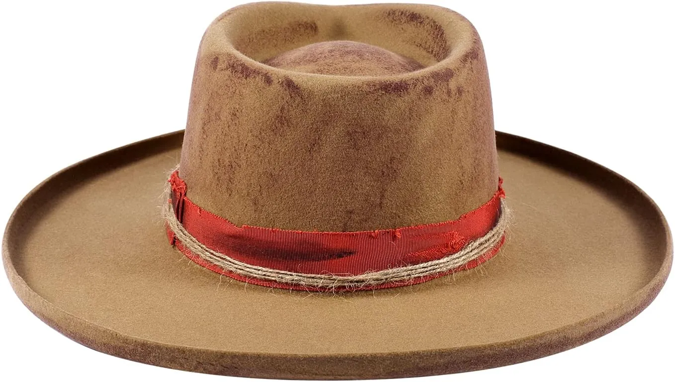 Vintage Wide Brim Fedora Hats for Mens Women 100% Wool Felt Panama Rancher Hat with Lightning Logo Distressed/Burned