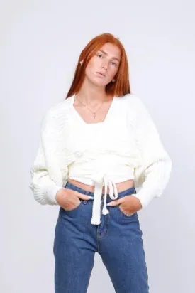 White chunky knit wrap top