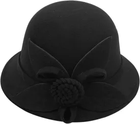 Women Solid Color Winter Hat Wool Cloche Bucket with Bow Women's Imitation Wool Fel Flowers Church Bowler Hats