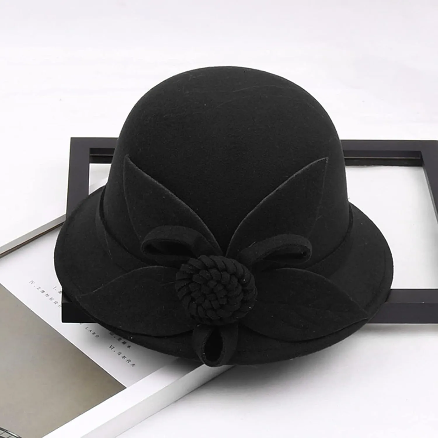 Women Solid Color Winter Hat Wool Cloche Bucket with Bow Women's Imitation Wool Fel Flowers Church Bowler Hats