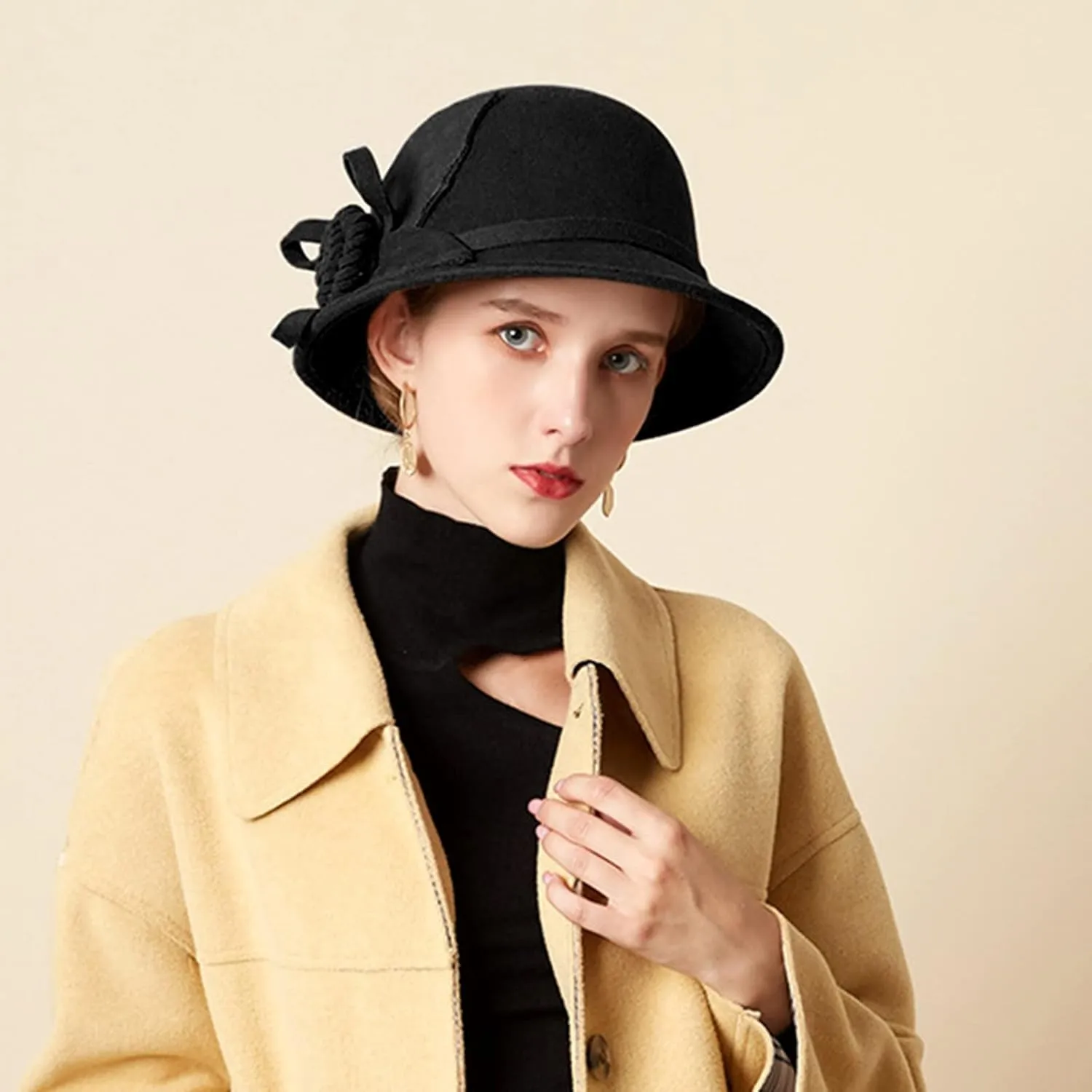 Women Solid Color Winter Hat Wool Cloche Bucket with Bow Women's Imitation Wool Fel Flowers Church Bowler Hats