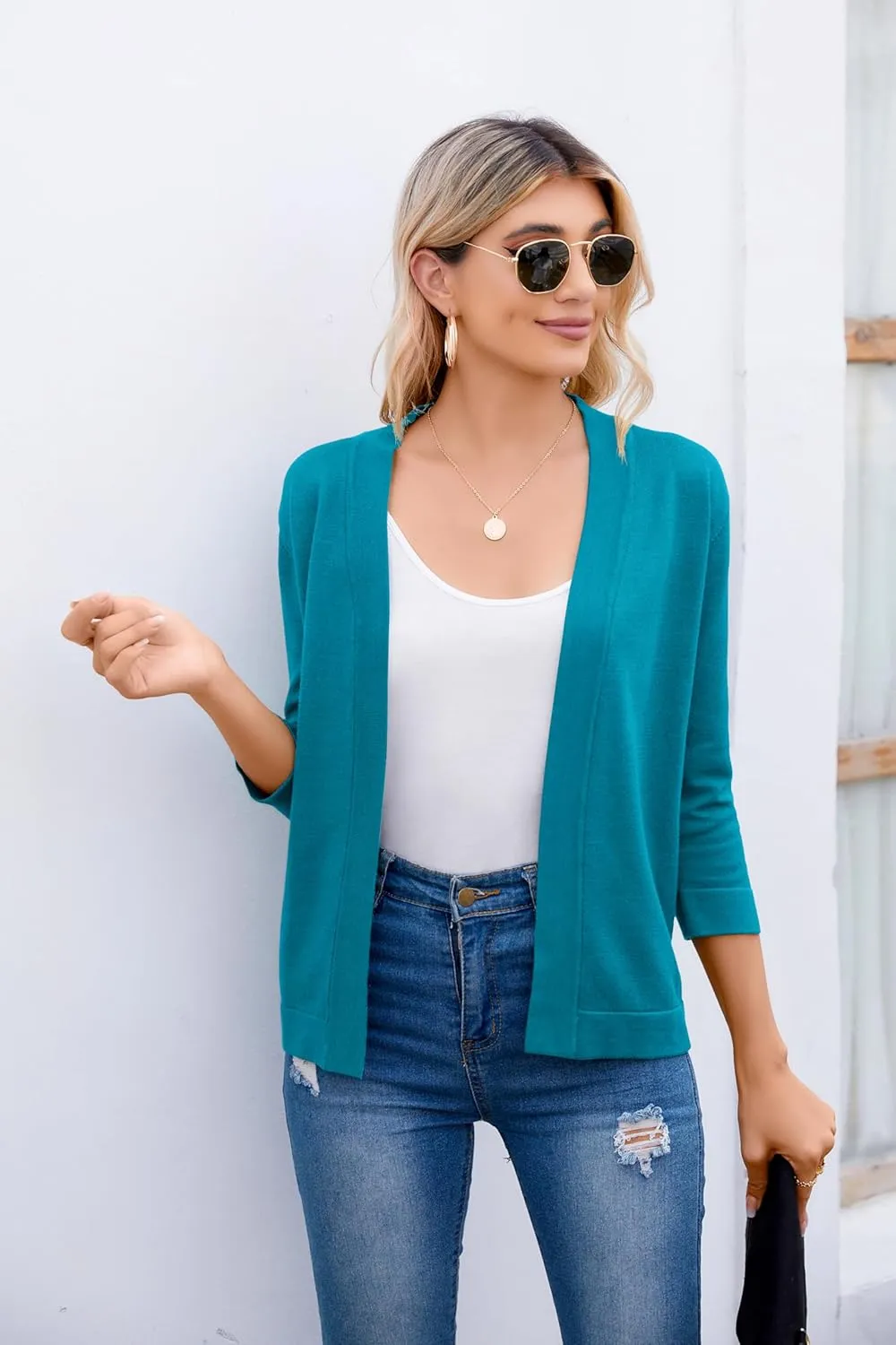 Women's 3/4 Sleeve Open Front Cropped Cardigan Sweater Elegant Shrugs for Women