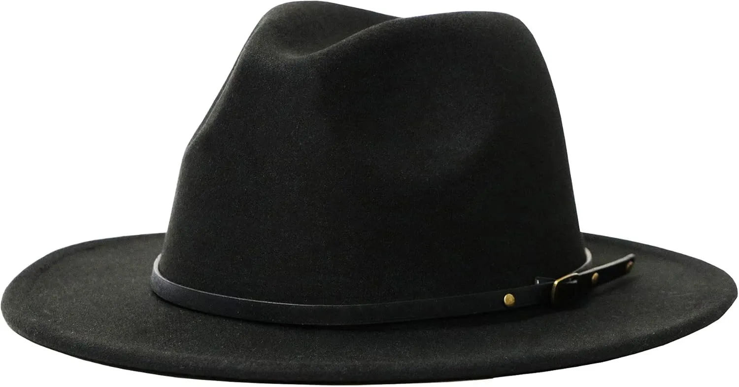Women's Felt Panama Hats Classic Wide Brim Rancher Fedora with Belt Buckle (M-L)