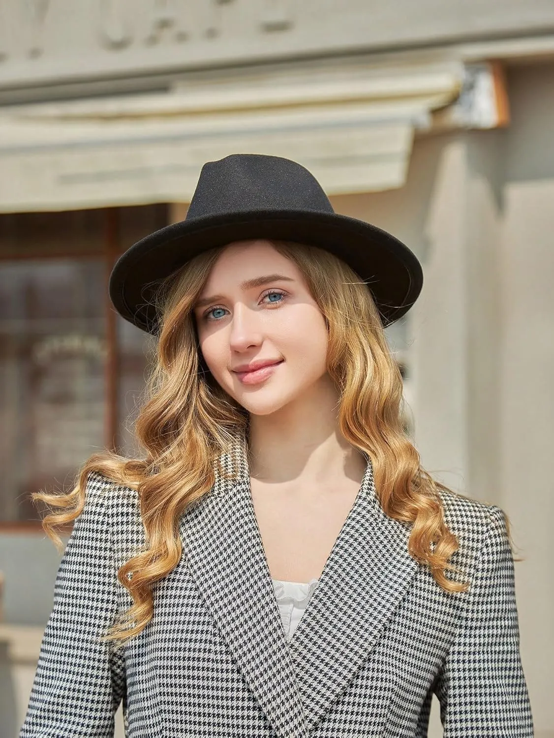 Women's Felt Panama Hats Classic Wide Brim Rancher Fedora with Belt Buckle (M-L)