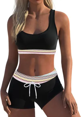 Womens Sport Two Piece Swimsuits Racerback Tops Boyshort Bottom