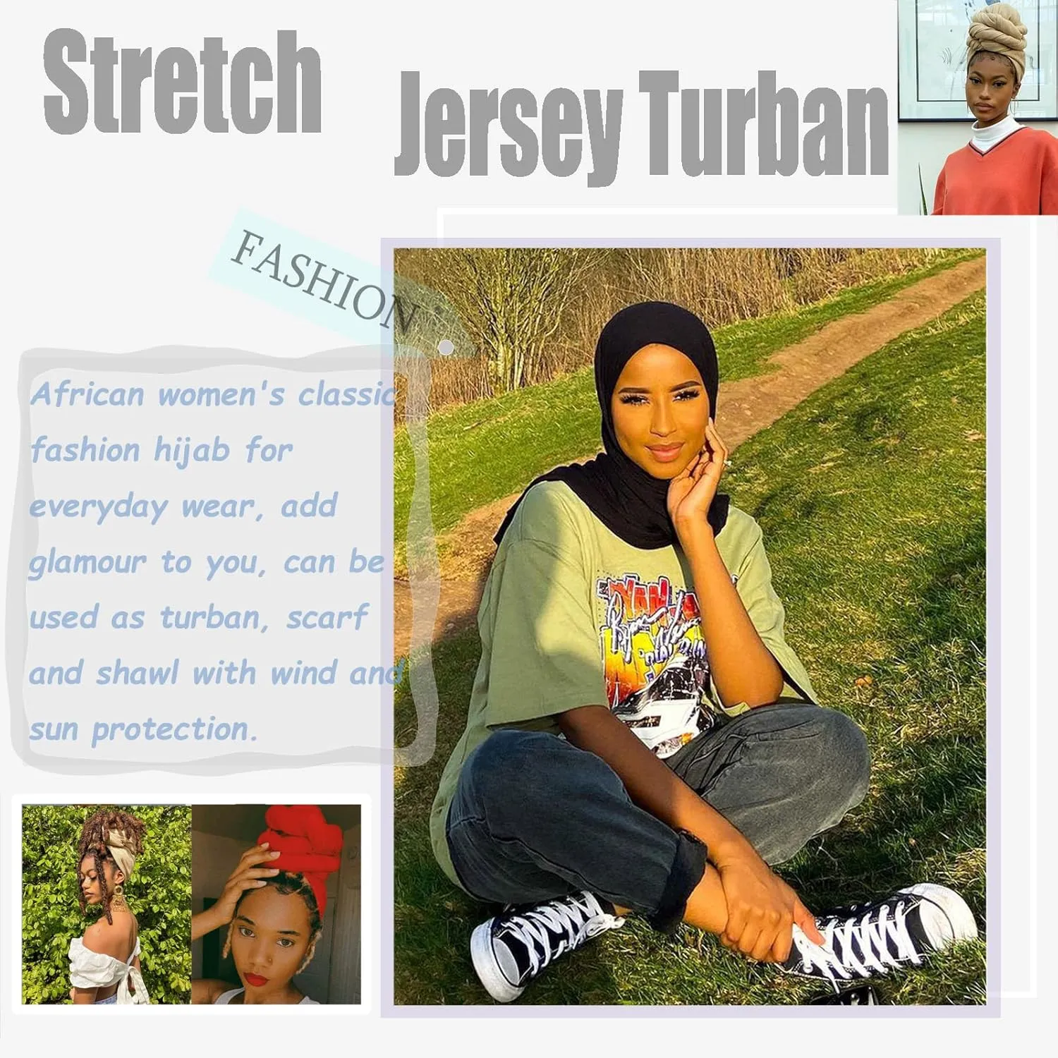 ZRQ 5 Pieces Stretch Headwrap Scarf Jersey Turbans for Women Fashion Headwear Boho Extra Long Scarf Soft Breathable Easy Knot Hijab Tie (Black,Coffee,Beige,Leather powder,Dark Grey)