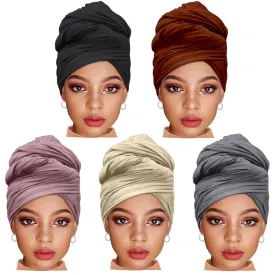 ZRQ 5 Pieces Stretch Headwrap Scarf Jersey Turbans for Women Fashion Headwear Boho Extra Long Scarf Soft Breathable Easy Knot Hijab Tie (Black,Coffee,Beige,Leather powder,Dark Grey)