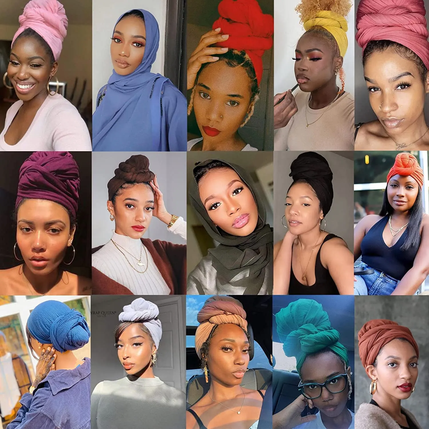 ZRQ 5 Pieces Stretch Headwrap Scarf Jersey Turbans for Women Fashion Headwear Boho Extra Long Scarf Soft Breathable Easy Knot Hijab Tie (Black,Coffee,Beige,Leather powder,Dark Grey)